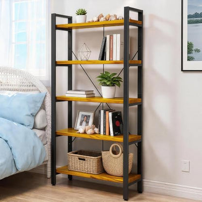 Real Solid Wood Rustic Vintage Industrial Etagere Bookshelf, Metal & Timber Free Vintage Bookcase, Golden (Genuine Timber) (5-Tiers-Golden Oak) - size: 5-Tiers-Golden Oak