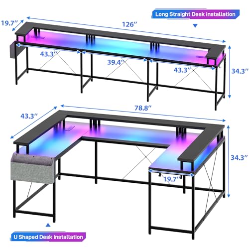 IDEALHOUSE U Shaped Home Office Desk, Reversible L Shaped Gaming Computer Desk with Power Outlets,126 Inch Computer Desk with Monitor Stand and LED Lights,Storage Shelves,Storage Bag and Hooks（Black） - color: Black