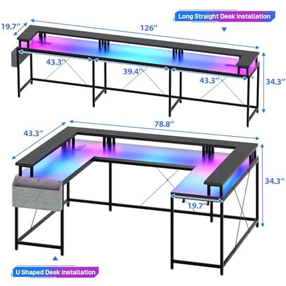 IDEALHOUSE U Shaped Home Office Desk, Reversible L Shaped Gaming Computer Desk with Power Outlets,126 Inch Computer Desk with Monitor Stand and LED Lights,Storage Shelves,Storage Bag and Hooks（Black） - color: Black