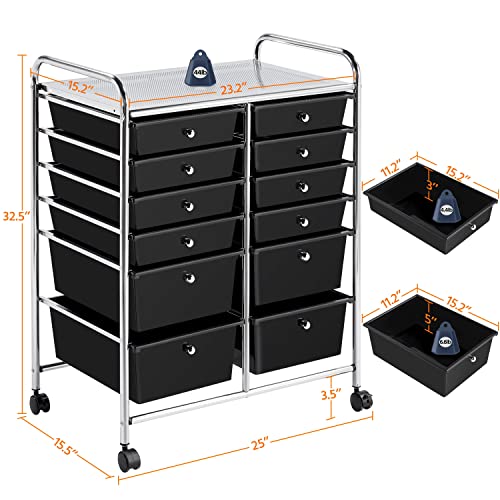 Yaheetech 12-Drawer Rolling Storage Cart on Wheels, Craft Organizer, Black - color: Black, style: 12 Drawers