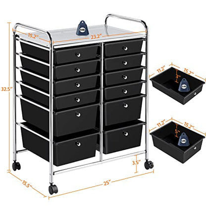 Yaheetech 12-Drawer Rolling Storage Cart on Wheels, Craft Organizer, Black - color: Black, style: 12 Drawers
