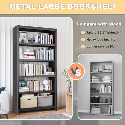 OSEILLC 69" Metal Bookshelf,5 Tier Library Bookcase,Bedroom Bookshelves and Bookcases,Tall Book Case/Shelves for Living Room,Office,Black Large Bearing Book Shelf - color: Black, size: 69"H*34"W