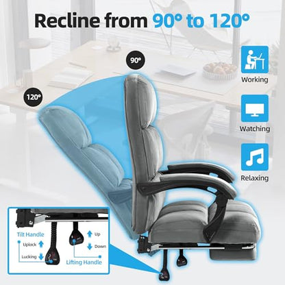 ECOTOUGE Velvet Executive Office Chair with Footrest, Ergonomic Comfy Desk Chair, High Back Computer Chair with Adjustable Tilt Angle, Grey