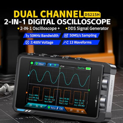 FNIRSI DS215H 2-in-1 Handheld Oscilloscope 50MHz, 2 Channel Digital Portable Oscilloscope DDS Signal Generator, 250MS/s Sampling, 1Kpts Record Length, 3.5-inch IPS Screen, Waveform Storage and Export
