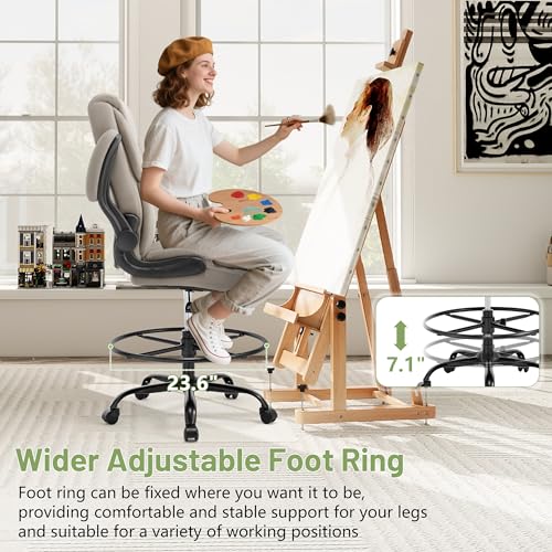 500LBS Drafting Chair, High Back Safer Standing Desk Chair, Executive Tall Office Chair with Flip-up Armrests, Upholstered PU Leather Task Chair, Ergonomic Seat with Adjustable Height&Foot Ring,Beige - color: Beige