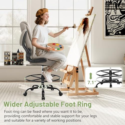 500LBS Drafting Chair, High Back Safer Standing Desk Chair, Executive Tall Office Chair with Flip-up Armrests, Upholstered PU Leather Task Chair, Ergonomic Seat with Adjustable Height&Foot Ring,Beige - color: Beige