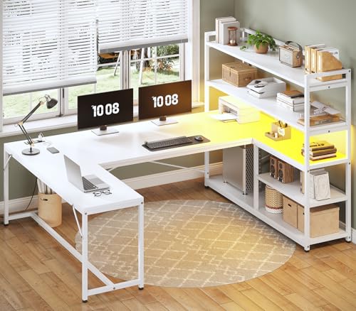 SEDETA 63” Reversible White L Shaped Computer Desk with Storage, Bookshelf - color: White