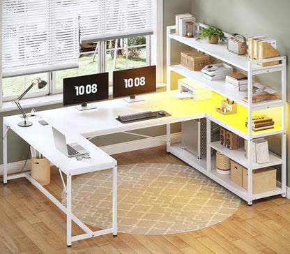 SEDETA 63” Reversible White L Shaped Computer Desk with Storage, Bookshelf - color: White