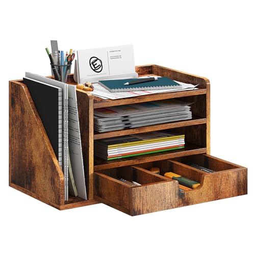 Wood Desk File Organizer with Side File Rack, Space-Efficient Design Easy to Assemble for Efficient Office Setup, Reduces Desk Clutter (Brown) - color: Brown