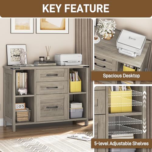 Vabches File Cabinet with 3 Drawers, Farmhouse Lateral File Cabinet Fits Files Letter/A4 Size, Wooden Filing Cabinet with Adjustable Shelves Printer Stand for Home Office, Grey - color: Grey