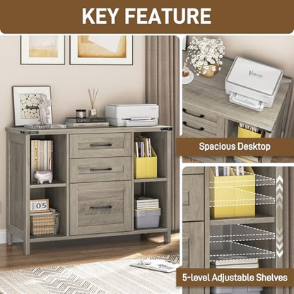 Vabches File Cabinet with 3 Drawers, Farmhouse Lateral File Cabinet Fits Files Letter/A4 Size, Wooden Filing Cabinet with Adjustable Shelves Printer Stand for Home Office, Grey - color: Grey