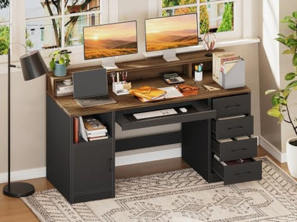 RALGEND 55" Office Desk with Drawers, Farmhouse Executive Desk with Drawers - color: Black, Walnut
