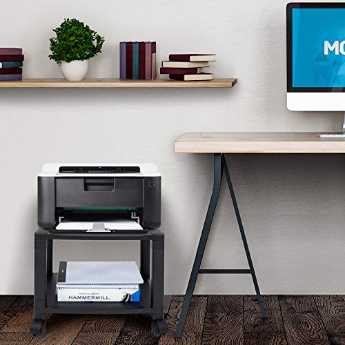 Mount-It! Under Desk Printer Stand with Wheels [2 Shelf] Height Adjustable with 4 Swivel Wheels, Cable Management, Low Rolling, Mobile Printer Cart, 2 Tier (Black)