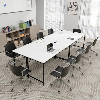 COSTWAY Home Office Desk, 32 Inch Computer Desk with Recessed Power Strip, Storage Bag & Headphone Hook, Wide Desktop, Modern Computer Workstation Writing Table for Home, Office (White + Black) - color: White + Black