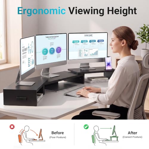 BONTEC Triple Monitor Stand Riser with Smartphone Holder, Black - color: Black, size: 53.3 in