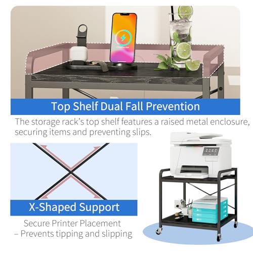 METYERRY Under Desk Printer Stand with Power Outlet, Adjustable Shelf,Black - color: Black