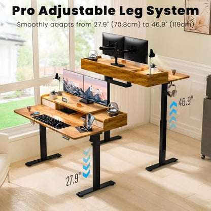Kingant Standing Desk with Dual Drawers,Electric Height Adjustable 63"x 30" - color: Light Rustic Brown, size: 63" x 30"