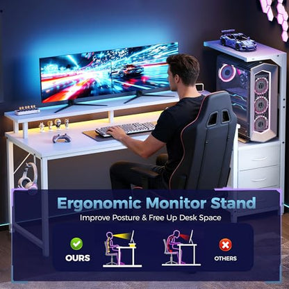 59" Reversible Gaming Desk with LED Lights Power Outlets, White | Computer Desk with Drawers Can be Used to Store Odds and Handles, Elevated PC Stand To Help You Showcase Your DIY Cases. - color: White, size: 60 In