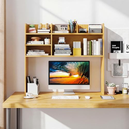 LDAILY 3-Tier Desktop Bookshelf, Wooden Desk Hutch for Computer Monitor Up to 32 Inch, Desk Organizer Shelf with Adjustable Shelf & 6 Storage Shelves, Desk Display Rack for Home Office Dorm(Burlywood) - color: Burlywood, size: 6 Shelves