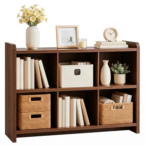 Janmer Home 6 Cube Storage Organizer, 45 Inch Long Horizontal Bookshelf, Modern Minimalist Low Wooden Cubby Storage Cabinet Console Table, TV Stand for Living Room Bedroom Office,Walnut - color: Walnut, size: 6 Cube