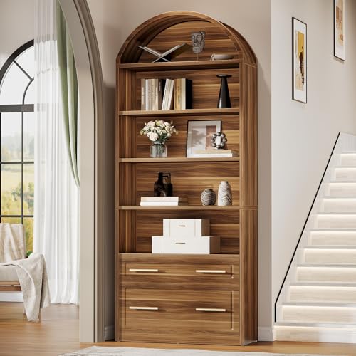 Tribesigns 76.8" Tall Arched Bookcase with File Cabinet Drawer, Brown - color: Walnut Brown