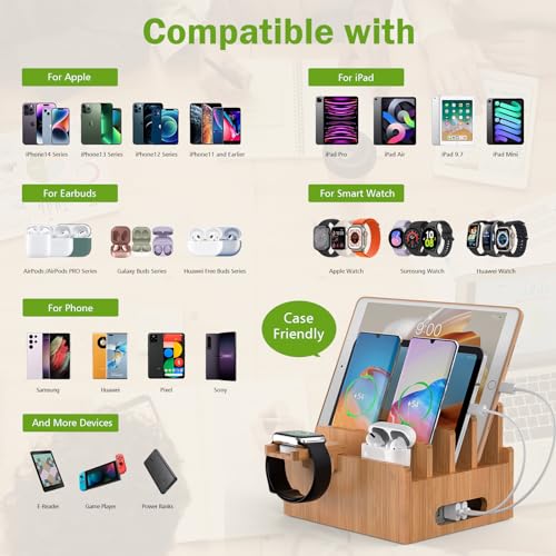 Pezin & Hulin Bamboo Charging Stand, Dock Organizer for Multi Devices, Cell Phone, Tablets, Smart Watch, with Pack 5 Cables, No Power Charger Block - color: Without Charger