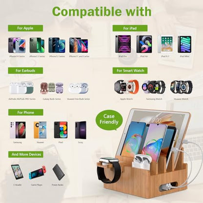 Pezin & Hulin Bamboo Charging Stand, Dock Organizer for Multi Devices, Cell Phone, Tablets, Smart Watch, with Pack 5 Cables, No Power Charger Block - color: Without Charger