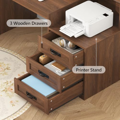 65" Farmhouse Computer Desk with Drawers and Printer Stand for Home Office - color: Brown