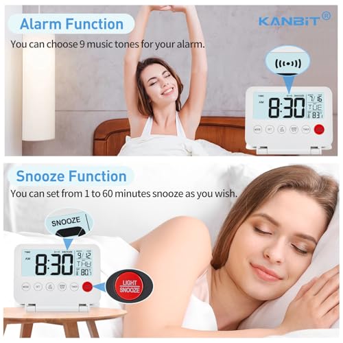 KANBIT Small Digital Travel Alarm Clock, Large LCD Display Front Button with Date & Temperature, Snooze and 8 Seconds Backlight AAA Battery Operated Desk Clock for Home & Office, White - color: White