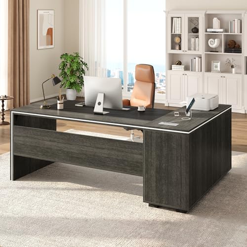 71" Executive Desk with Storage Cabinet, Modern L-Shaped Office Desk with Bookshelf, Storage Shelves, CPU Stand & Cable Management, Large Computer Workstation for Home Office (Gray) - color: Grey
