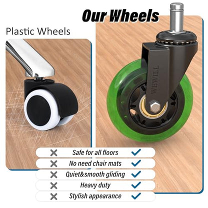 WEWILL Office Chair Wheels - Rubber Casters Replacement Universal Fit 98% Chair(Set of 5) Heavy Duty 3 Inch Smoothly & Quietly Safe for All Floor, Hardwood, Tile, Carpet, Noise Free - Green - color: Deep Green