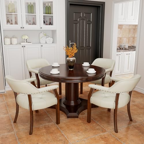 LEEMTORIG Set of 4 Faux Leather Dining Chair with Arms, Dining Chair with Supportive Back, Game Poker Table Chairs, Boss Caption's Chairs Office Desk Chairs, Cherry Walnut Legs & Ivory PU NX173C - color: Cherry Walnut Legs & Ivory Pu, size: Set of 4