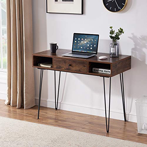 VECELO 39.3" Home Office Work Table with Drawers,Computer Desk with Hairpin Leg for Writing/Study,Retro Brown - color: Retro Brown