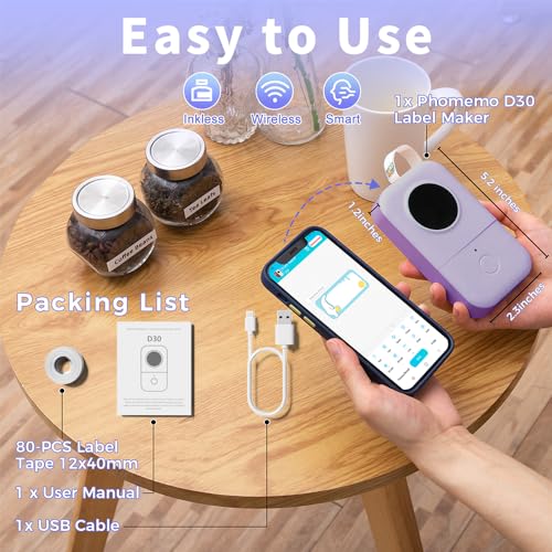Phomemo D30 Portable Thermal Printer, Bluetooth Mini Label Maker Machine | Lightweight Portable Printer Small Label Maker, Abundant Templates Fonts & Icons for Kids Home School Office, Easy to Use - color: Purple