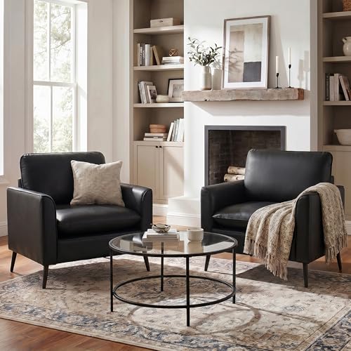 TYBOATLE Black Faux Leather Accent Chair Set of 2 | Comfy, Cozy, Reading, Mid Century Modern, Curved Armrest, Reception, Living Room, Office - color: Black