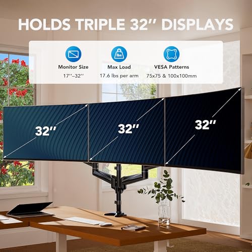 HUANUO Triple Monitor Mount for 17 to 32 inch Screens, Adjustment Gaming Triple Monitor Stand with Swivel, Tilt, Rotation, Clamp & Grommet Kit - color: Black