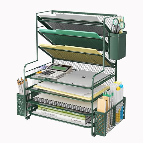 Simple Trending 7 Tier Desk File Organizer, Letter Tray Paper Organizer with Pen Holder and Metal Hanging Basket, Green - color: Pen Holder Green