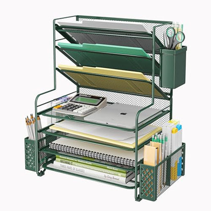 Simple Trending 7 Tier Desk File Organizer, Letter Tray Paper Organizer with Pen Holder and Metal Hanging Basket, Green - color: Pen Holder Green