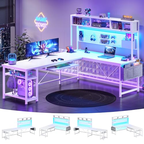 SEDETA White L Shaped Gaming Desk with Hutch, Power Outlet and Pegboard | Reversible 94.5" Computer Desk Two Person Desk, Corner Desk with Storage Shelf Keyboard Tray and LED Lights for Home Office - color: White With Power Outlet and Pegboard