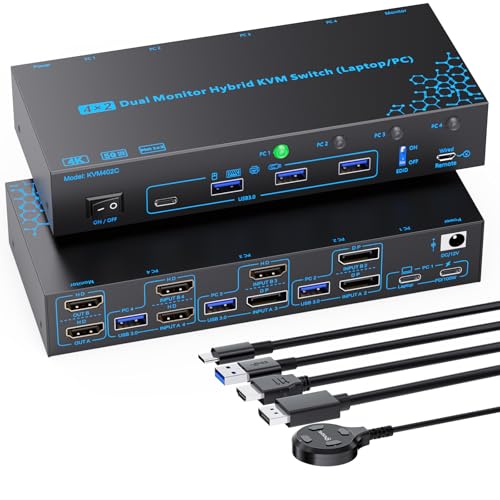 2 Monitors 4 Computers KVM Switch Laptop and Desktop 4 Port Hybrid USB-C Docking & Dual Displayport & DP HDMI & Dual HDMI 4K@60Hz KVM Switch with EDID Emulator, Support PD 100W Charging - color: Black-02, size: 18cm