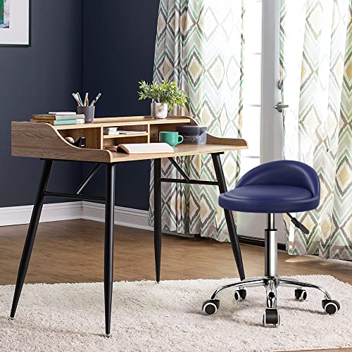 KKTONER PU Leather Round Rolling Stool with Back Rest Height Adjustable Swivel Drafting Work SPA Task Chair with Wheels (Blue) - color: Blue