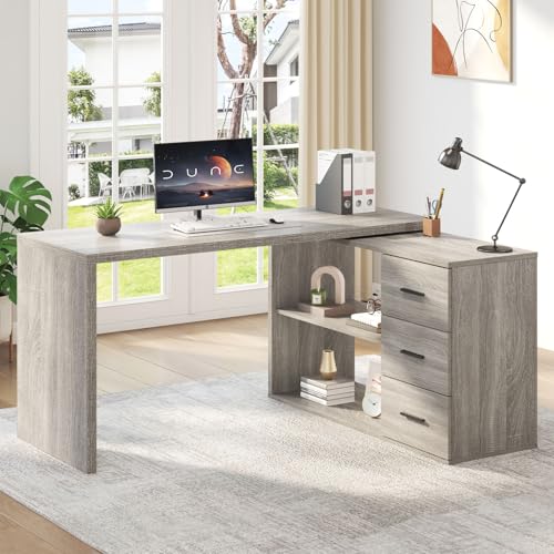 HSH 55-76 Inch Light Grey L Shaped Desk,Corner Desk with Storage Drawers | Morden Reversible Home Office Desk,Wood 360 Rotating Executive Coumputer Desk With Open Shelves,Long For Work,Study,Gaming - color: Light Grey