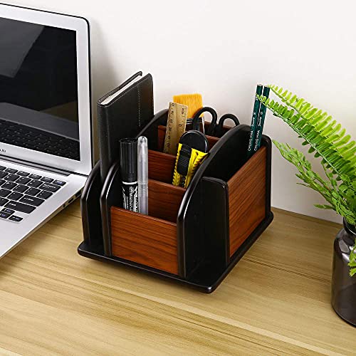 Siveit Wooden Desk Organizer, Desktop Office Supplies Storage Remote Control Caddy Holder (6-Compartment)
