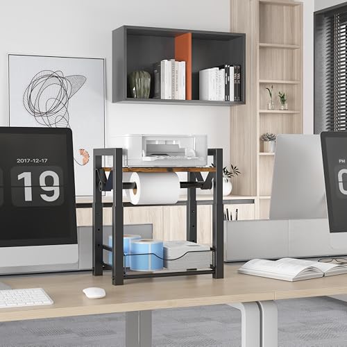 Label Holder for Rolls and Fan-Fold Labels, Modern Metal Desktop Thermal Label Printer Holder with Basket Drawer, Shipping Label Organizer, Sticker Roll Dispenser for Small Business, Office, Black