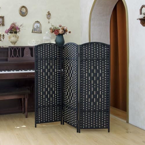 Compact 3 Panel Short Room Divider, 47.2 Inch Tall Double-Sided Rattan Folding Screen for Home & Office,Black - color: Black, size: 3 Panel