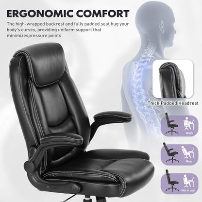 MALOL 300lbs Office Chair with Flip-Up Armrests & Reclining Backrest, Ergonomic PU Leather Executive Desk Chair-Adjustable Height & Tilt Tension, Black - color: Black-new