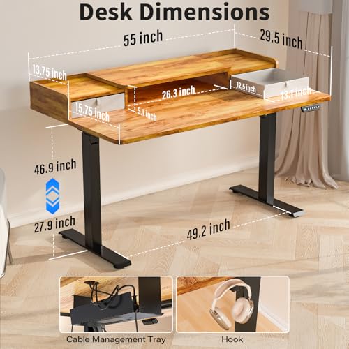 Kingant Standing Desk with Dual Drawers,Electric Height Adjustable 55"x 30" | Built-in USB A&C Charging ports Large Workstation, Heavy-Duty Sit Stand Up Desk For Home Office Daily Work,Light Rustic Brown - color: Light Rustic Brown, size: 55" x 30"