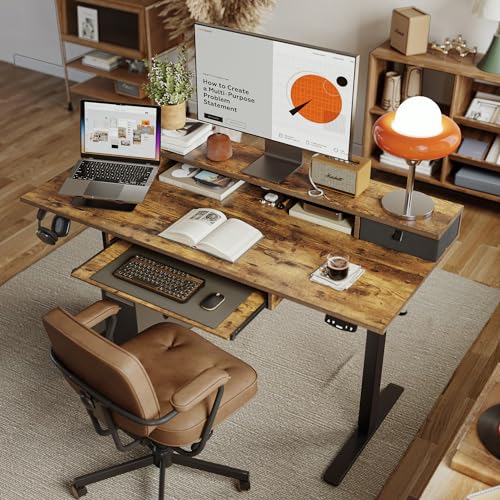 Agilestic 55 Inch Standing Desk with Drawers & Keyboard Tray, Rustic Brown - color: Rustic Brown, size: 55 x 24 Inches with 2 drawers and keyboard tray