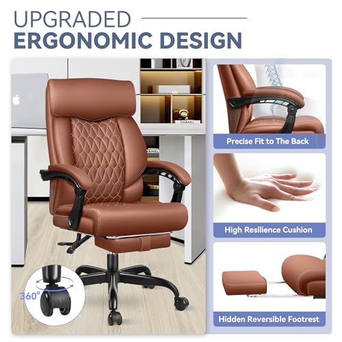 Office Chair, Big and Tall Office Desk Chair, Reclining Office Chair with Footrest Home Office Desk Chairs, High Back Ergonomic with Lumbar Support, Executive Leather - color: Brown, style: With Footrest