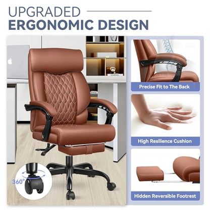 Office Chair, Big and Tall Office Desk Chair, Reclining Office Chair with Footrest Home Office Desk Chairs, High Back Ergonomic with Lumbar Support, Executive Leather - color: Brown, style: With Footrest